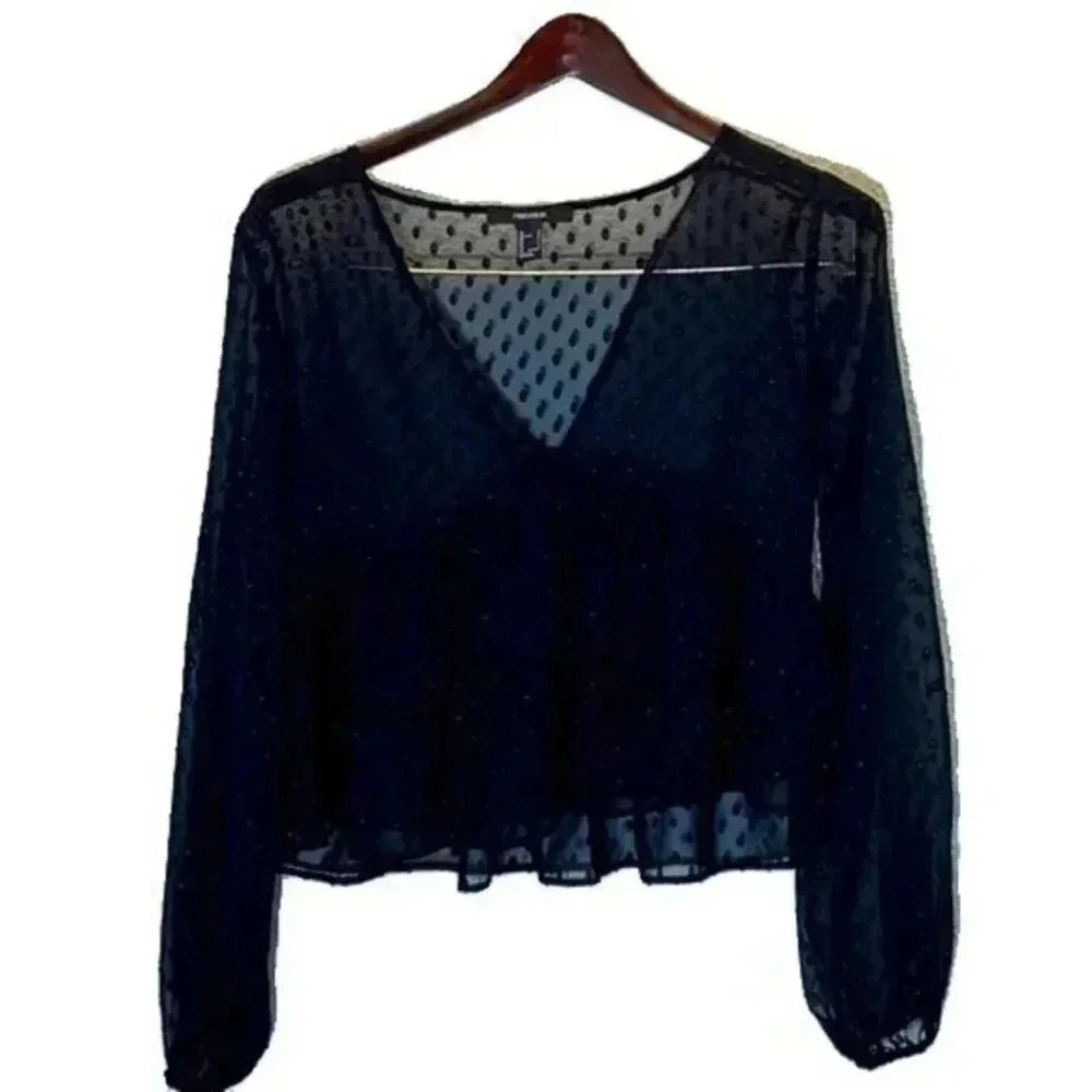 Forever 21 Sheer Polka Dot Long Sleeve Peplum Blouse Top Size Small
